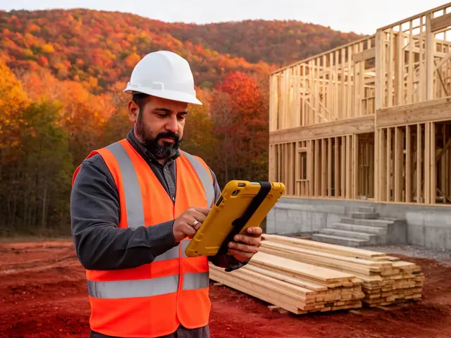 Builder in a white hard hat and orange safety vest checking a tablet at a framed house site