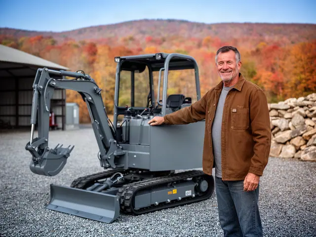 Smiling man in a brown work jacket with his hand on a new slate-grey mini excavator in a gravel yard