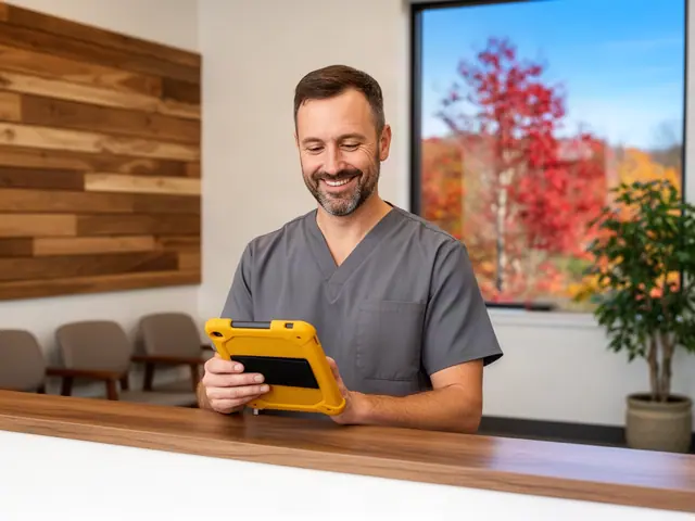 Chiropractic clinic office manager in grey scrubs smiling at a tablet behind the front desk