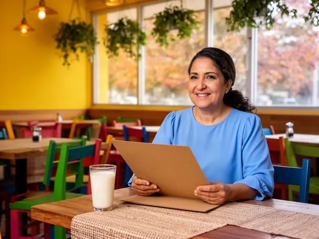 Smiling woman in a sky-blue blouse holding a kraft folder at a table in a colourful pupuseria