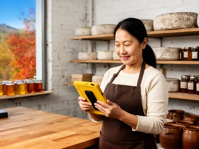 Smiling woman in a brown apron using a yellow tablet in a cheese shop with cheese wheels and honey jars