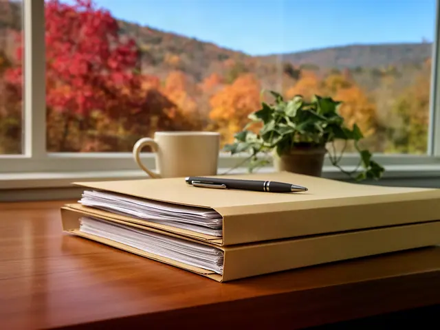 Two kraft folders with a pen on an oak desk by a window with autumn hills