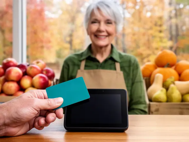 Customer tapping a teal card on a payment terminal at a produce market counter